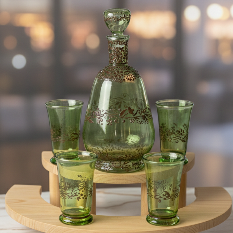 Green glass decanter set with four glasses on a wooden stand against a blurred background.