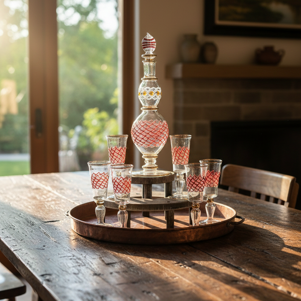 Decorative glass bottle with matching glasses on a wooden tray in a home setting.