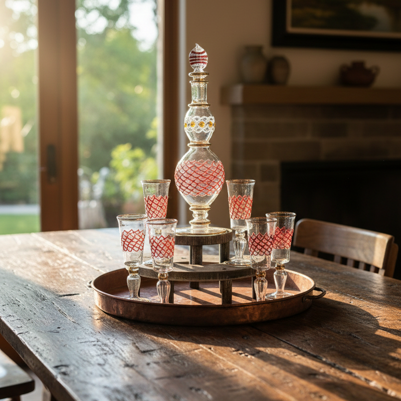 Decorative glass bottle with matching glasses on a wooden tray in a home setting.
