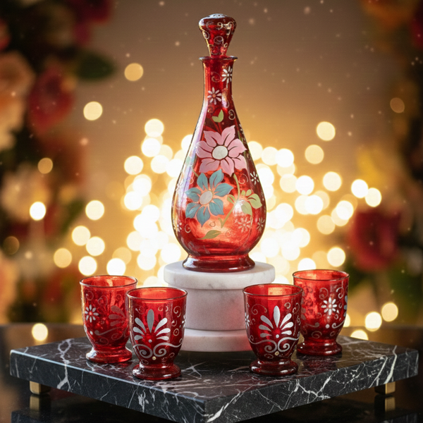Decorative red glass set with floral patterns on a marble stand against a blurred festive background.
