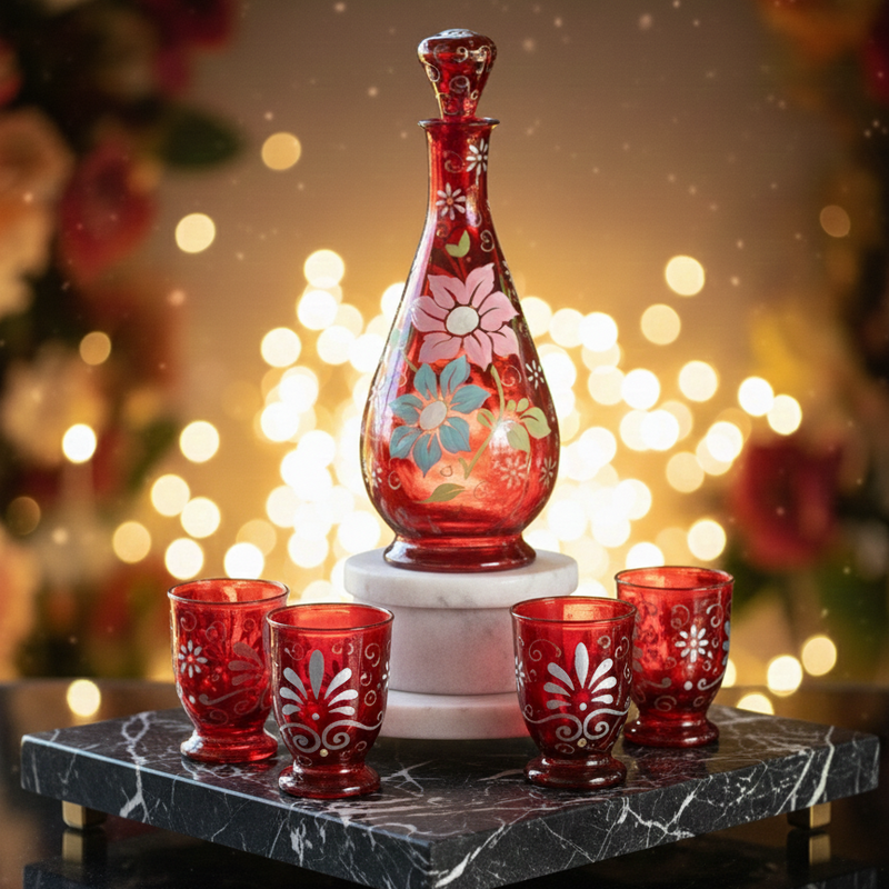 Decorative red glass set with floral patterns on a marble stand against a blurred festive background.