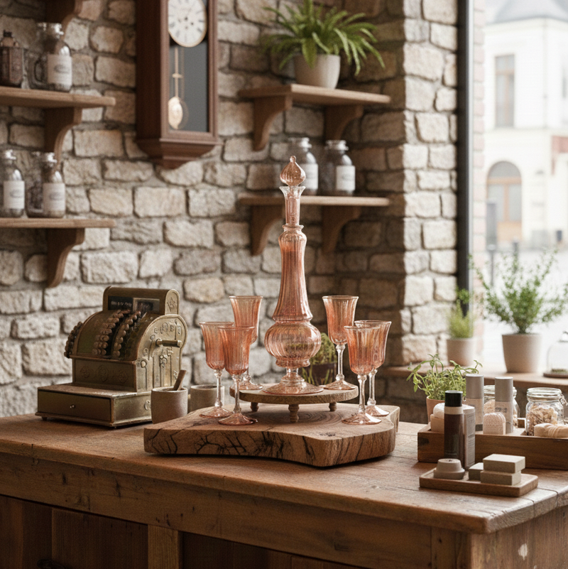 Vintage cash register and decorative items on a wooden counter against a stone wall.