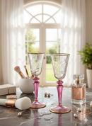 Egyptian Handblown Dark Rose Embossed Etched Goblet 14K Gold lining (Set of 2)