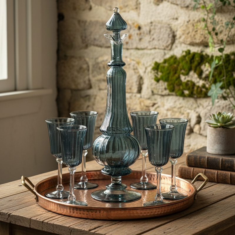Decorative blue glass set with a tall central piece and multiple glasses on a wooden tray against a stone wall.