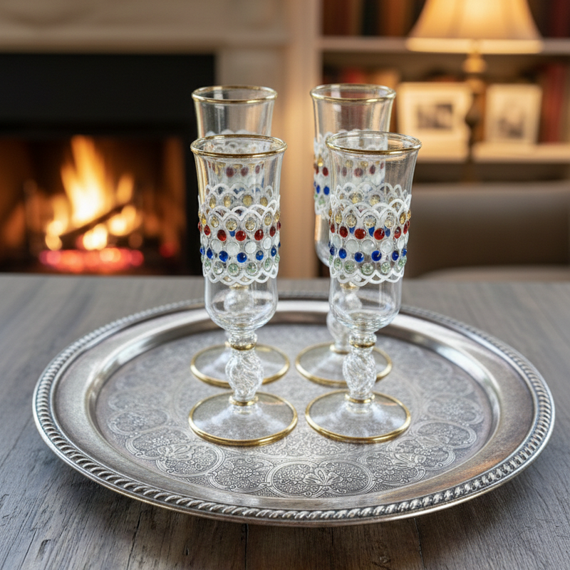 Four decorative glasses with colored dots on a silver tray in front of a fireplace.