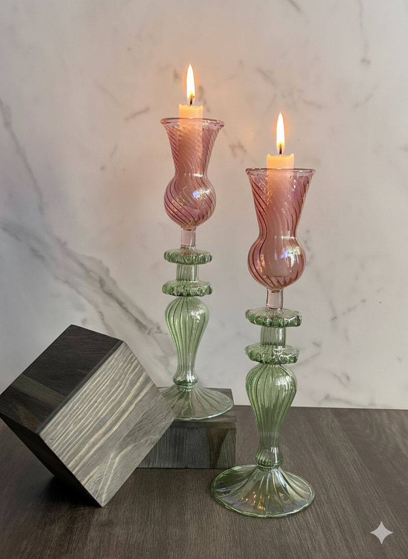 Handblown Swirl Glass Candle Holders - Set of 2 Red/Green