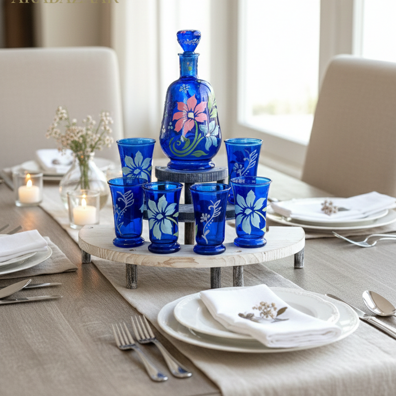 Dining table setting with blue glassware and floral design, featuring the Arabazara brand.