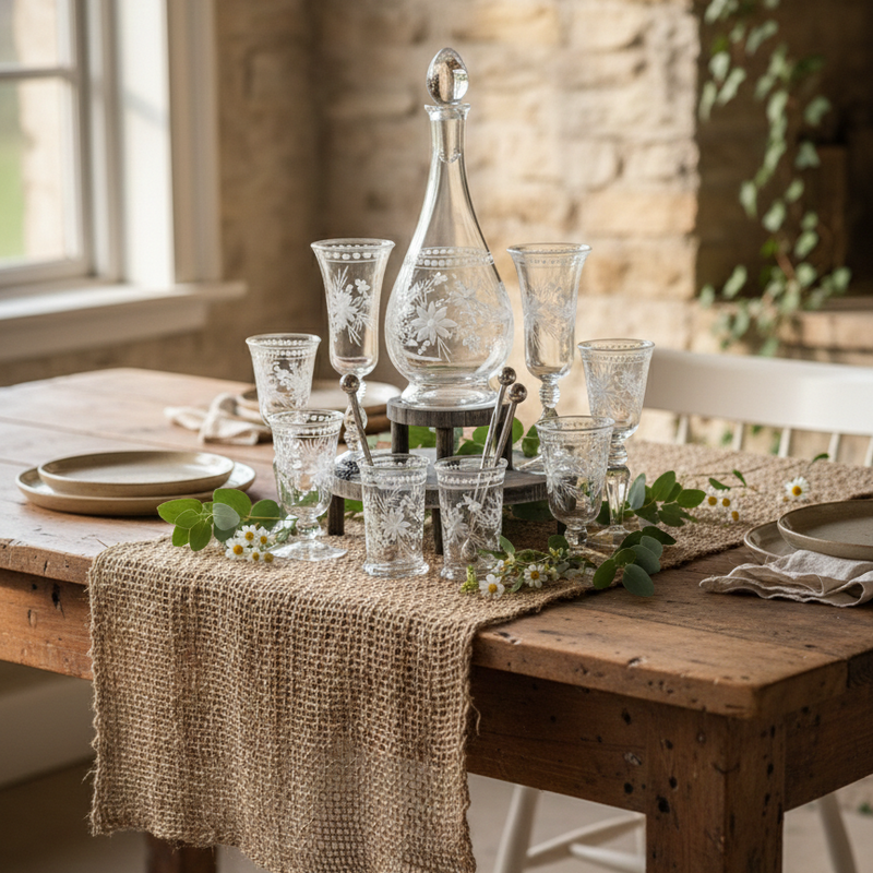 Decorative table setting with glasses, a decanter, and a burlap runner on a wooden table.