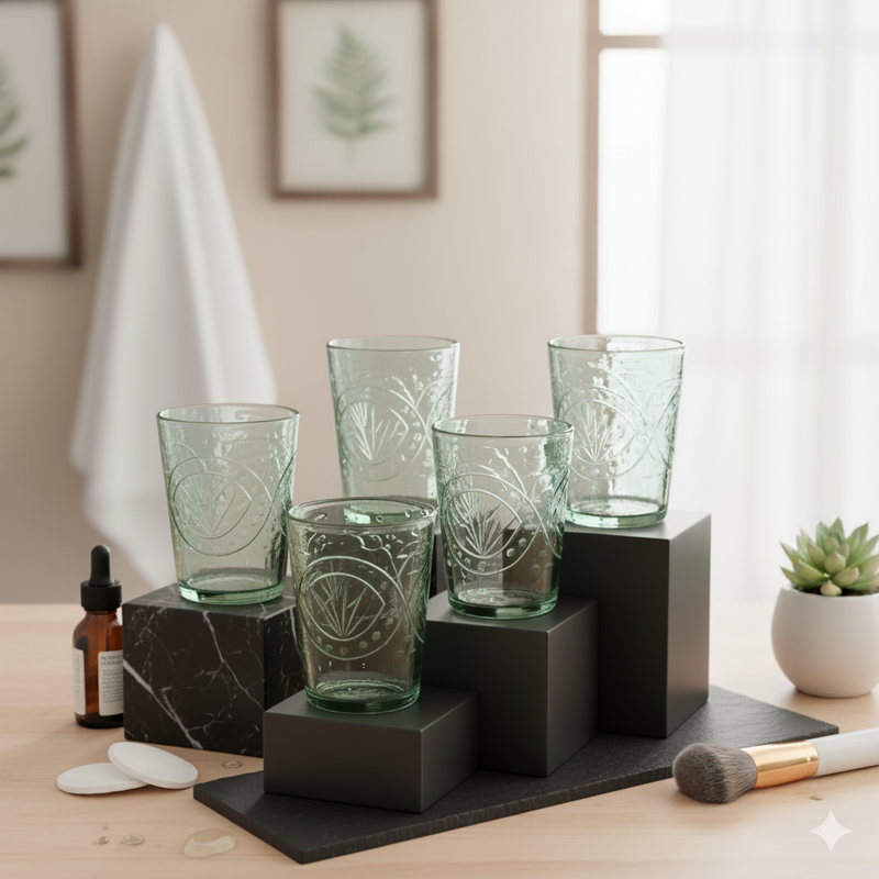 Egyptian Handblown Vintage Green Etched Tumbler  (Set of 3)