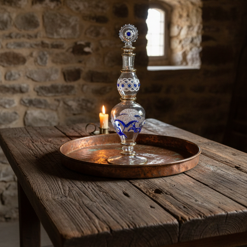 Decorative glass bottle with blue patterns on a wooden table in a stone-walled room.