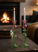 Handblown Swirl Glass Candle Holders - Set of 2 Red/Green