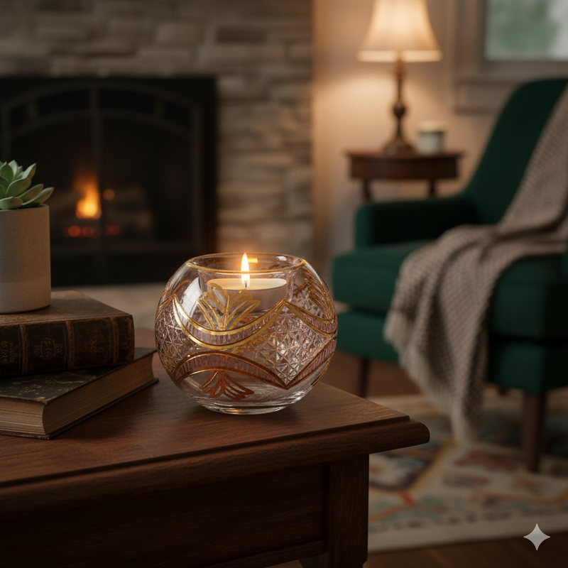 Egyptian Hand Blown Glass Tea Light Holder - Pink Etched Glass