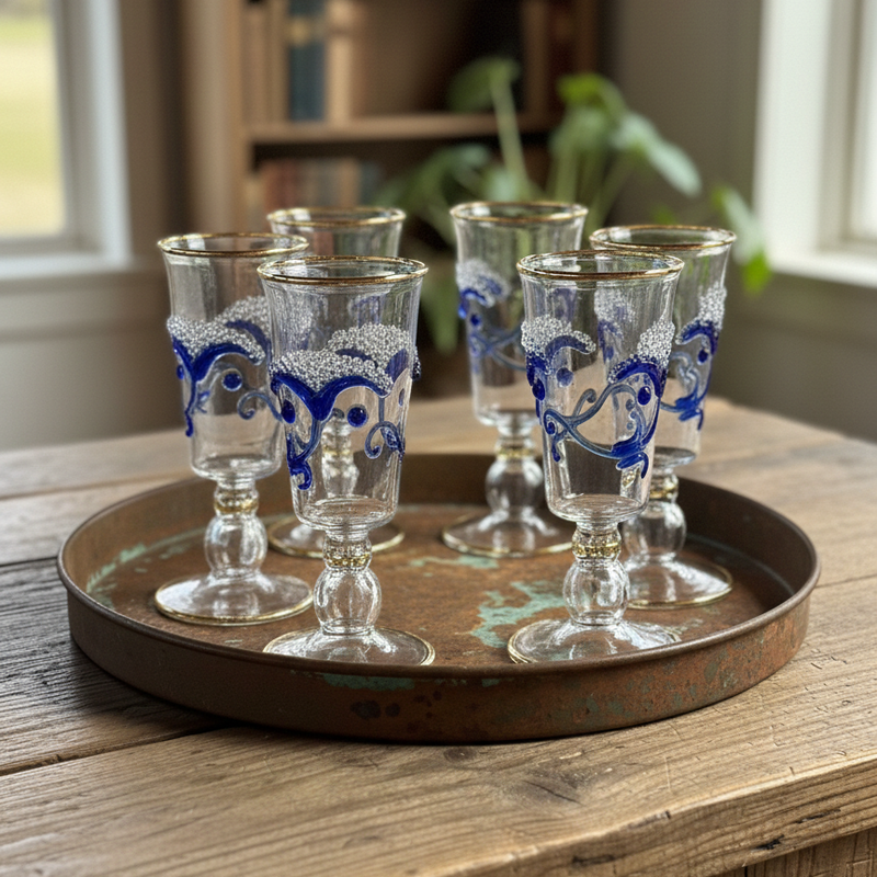 Set of six small glasses with blue patterns on a metal tray, placed on a wooden surface.