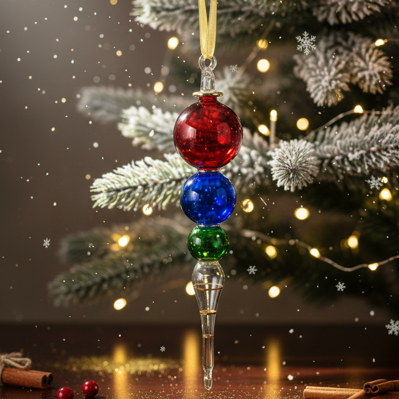 Decorative Christmas ornament with red, blue, and green beads on a tree background