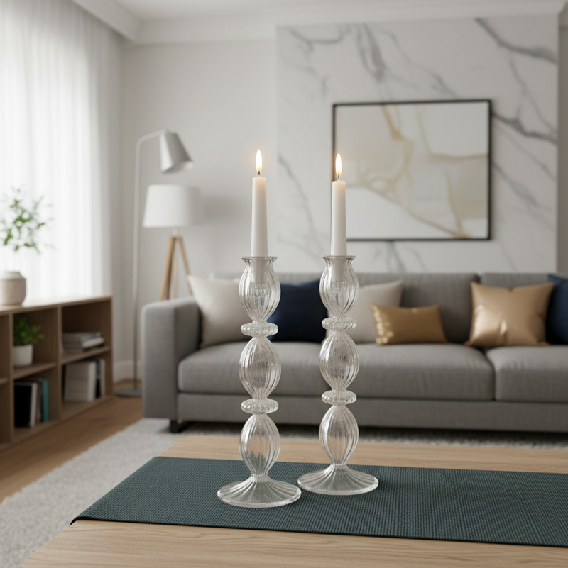 Handblown Pebble Candle Stick Holders Clear Iridescent Set of 2