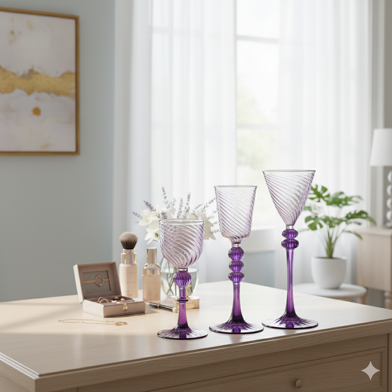 Egyptian Handblown Pastel Purple Goblet Swirl Glass (Set of 3)
