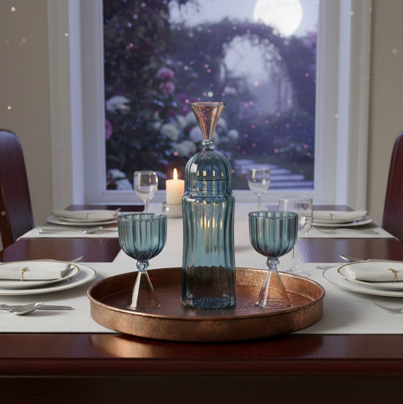 Dining table set with blue glassware and a candle, window in the background showing outdoor scene.