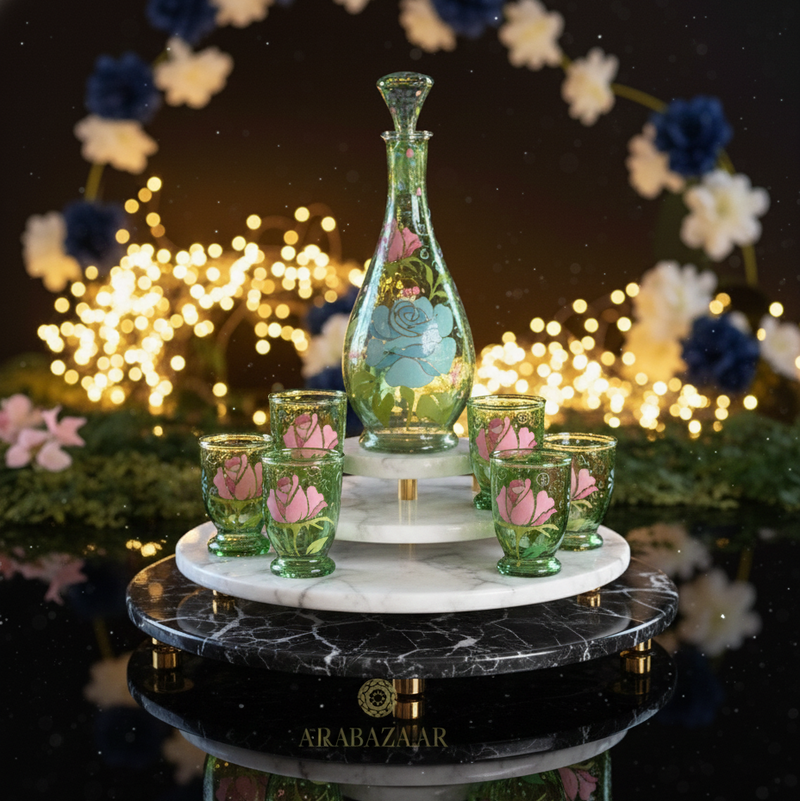 Decorative glass set with carafe and cups on a marble stand with flowers and lights in the background.