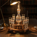 Decorative glass set on a wooden stand with a lamp in a dimly lit room.