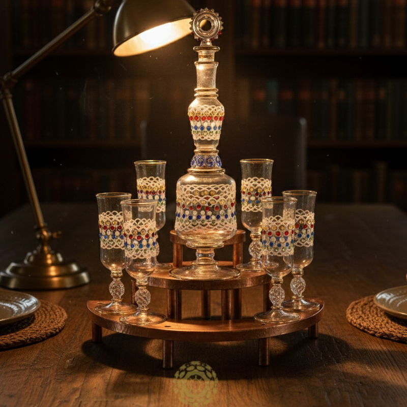 Decorative glass set on a wooden stand with a lamp in a dimly lit room.