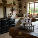 Kitchen with Aga range cooker and wooden shelves, featuring the Arabazaar brand.
