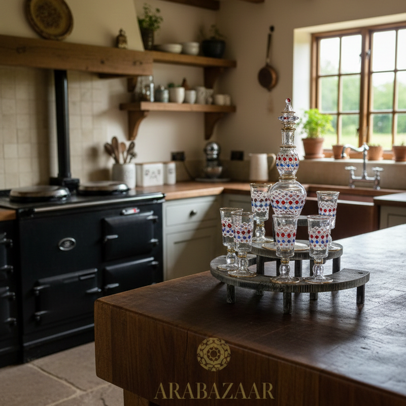 Kitchen with Aga range cooker and wooden shelves, featuring the Arabazaar brand.