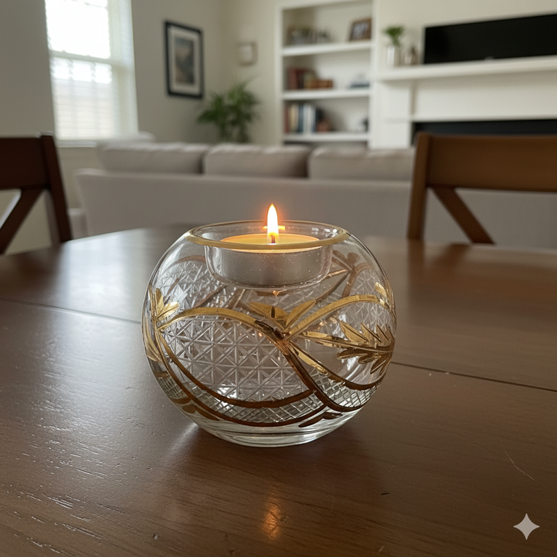 Decorative glass holder with a lit candle on a wooden table in a living room setting.