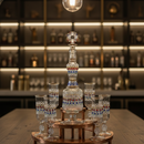 Decorative glass set with a wooden stand on a table, with 'Arabazaar' branding.