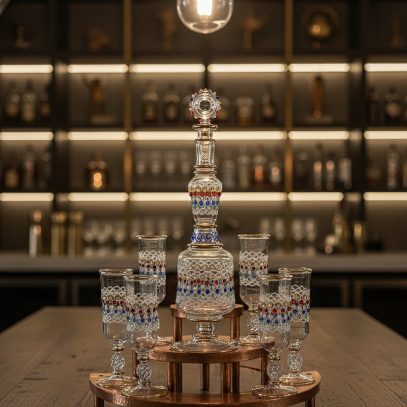 Decorative glass set with a wooden stand on a table, with 'Arabazaar' branding.