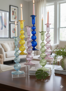 Hand Blown Swirl Glass Candle Holder: Colorful Puffed Design