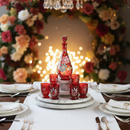 Decorative table setting with red glassware, floral wreath, and chandelier.