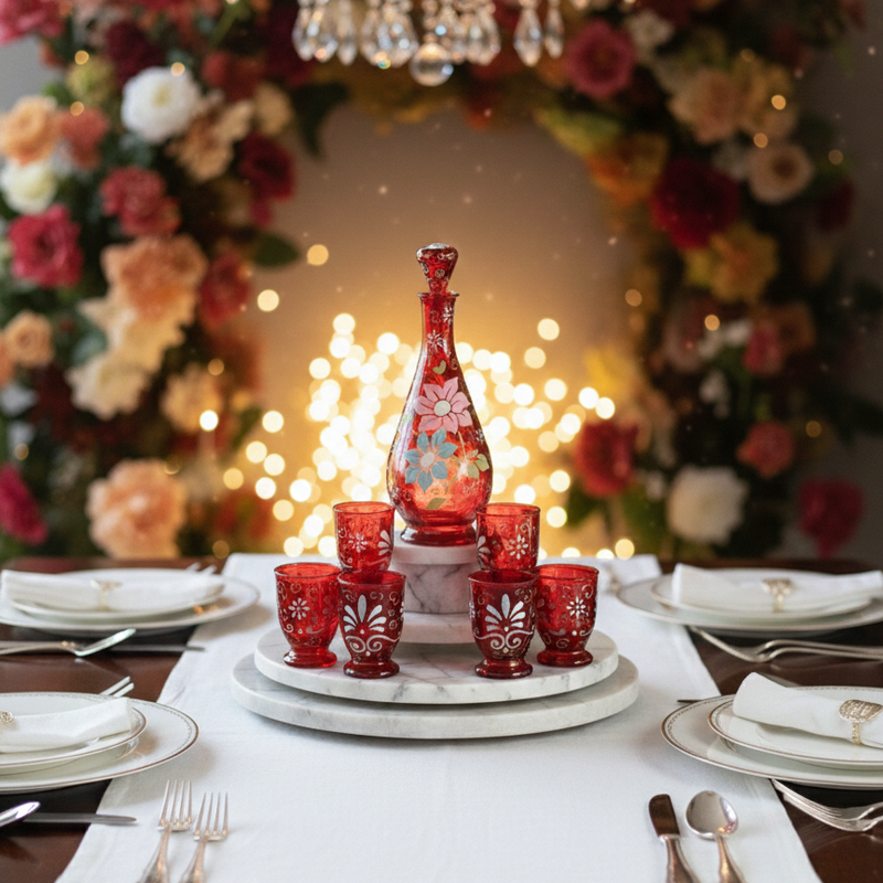 Decorative table setting with red glassware, floral wreath, and chandelier.