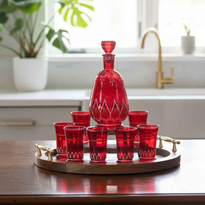 Red glass decanter and tumblers on a wooden tray in a kitchen setting.