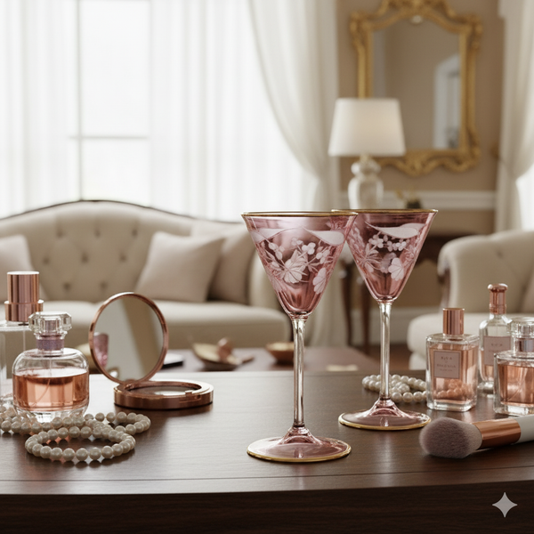 Egyptian Handblown Vintage Pink Etched Goblet with 14K Gold lining (Set of 2)