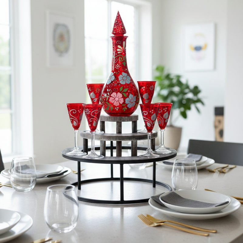 Decorative red vase and glasses on a stand in a dining room setting.