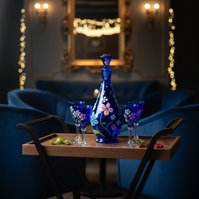 Decorative blue vase and glasses on a tray with a blurred background of a room with lights.