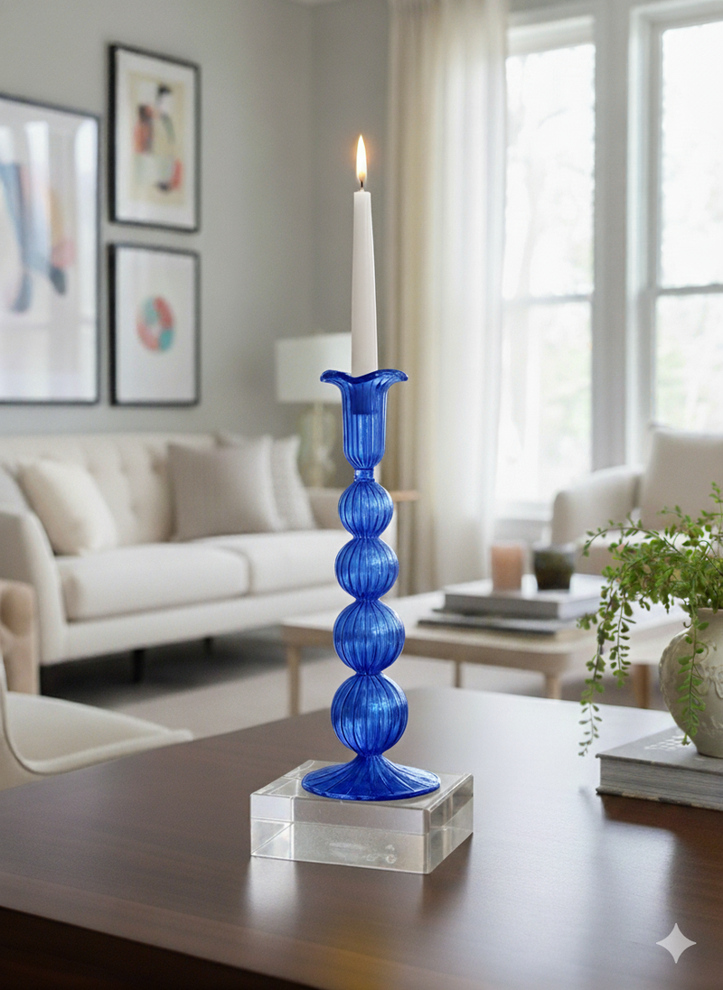 Hand Blown Swirl Glass Candle Holder: Colorful Puffed Design