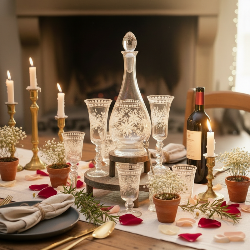 Dining table set for a meal with wine glasses, decanter, and candles in front of a fireplace.