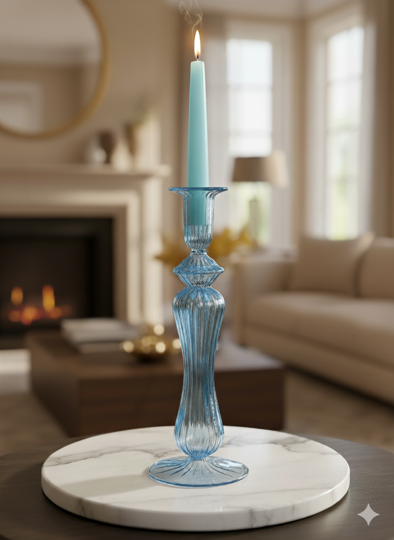 Handblown Sphere w/ Curved Shape  Swirl Glass Candle Stick