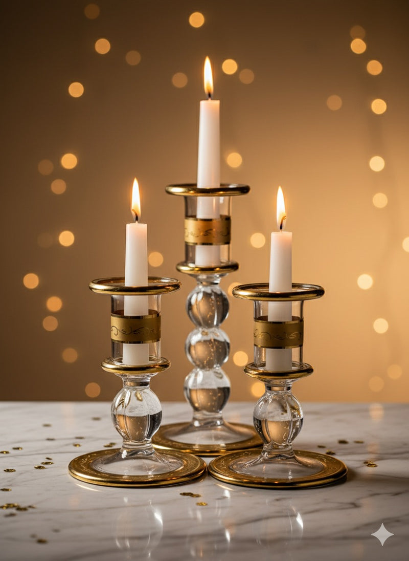 Handblown Quartz Gold Candle Holders Set of 3
