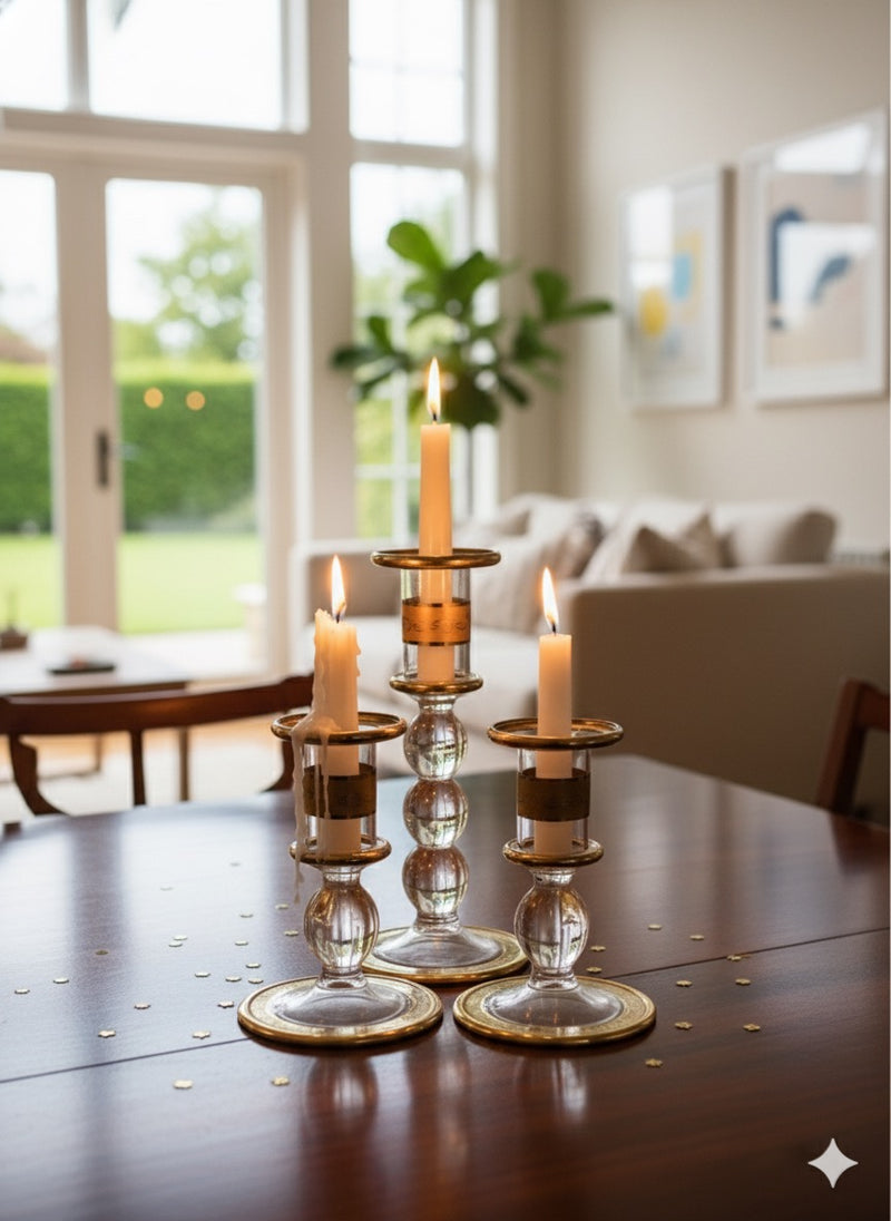 Handblown Quartz Gold Candle Holders Set of 3