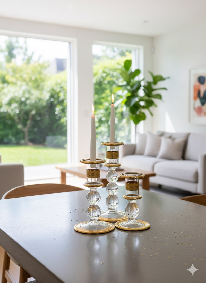 Handblown Quartz Gold Candle Holders Set of 3