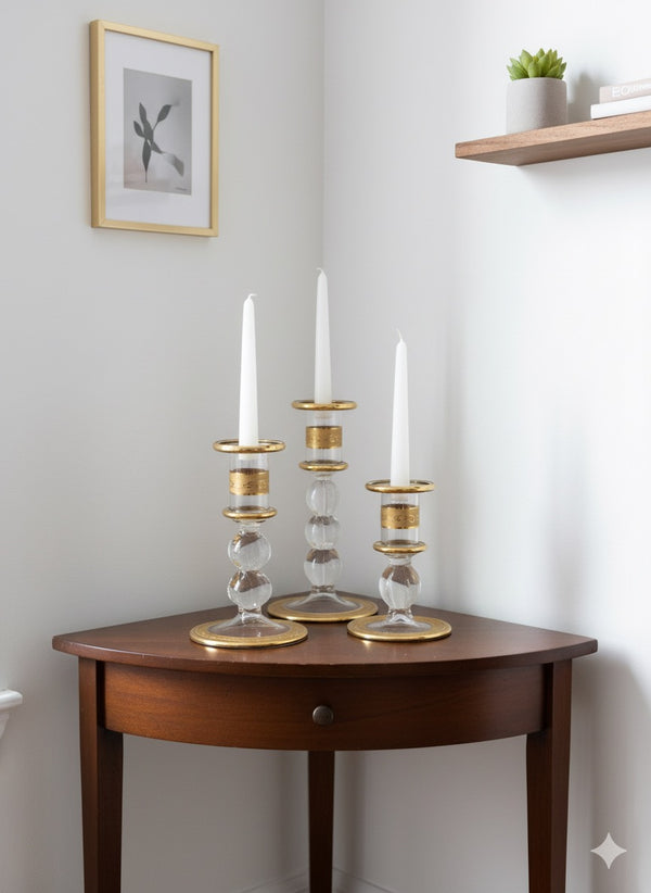 Handblown Quartz Gold Candle Holders Set of 3