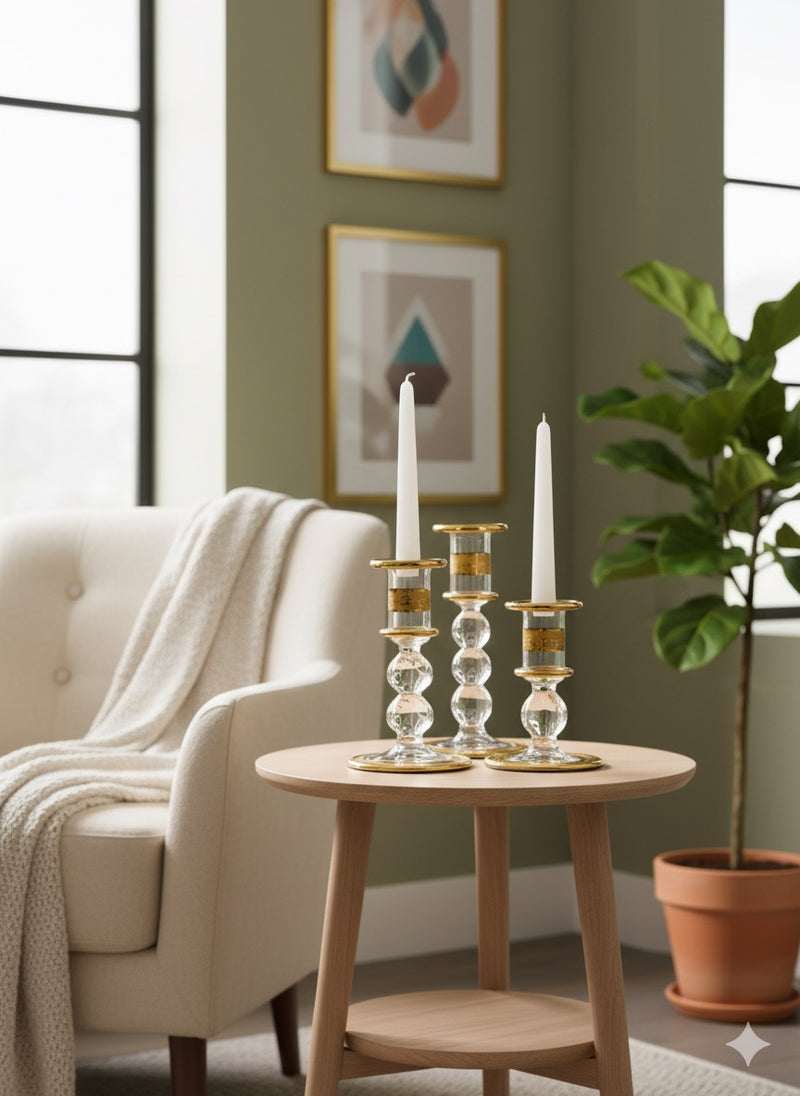 Handblown Quartz Gold Candle Holders Set of 3