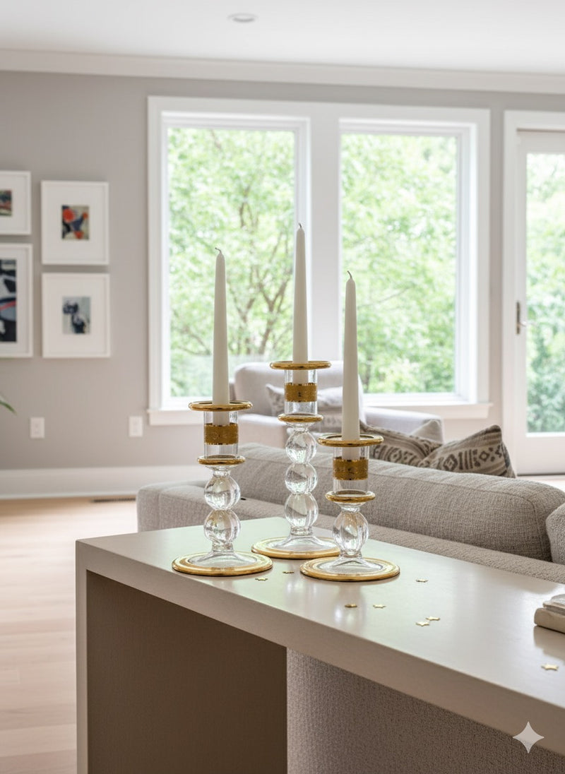 Handblown Quartz Gold Candle Holders Set of 3