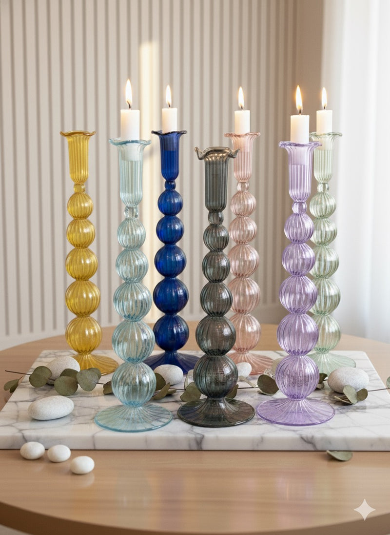Handblown Tall Puffed Swirl Glass Candle Stick