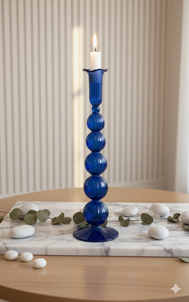 Handblown Tall Puffed Swirl Glass Candle Stick