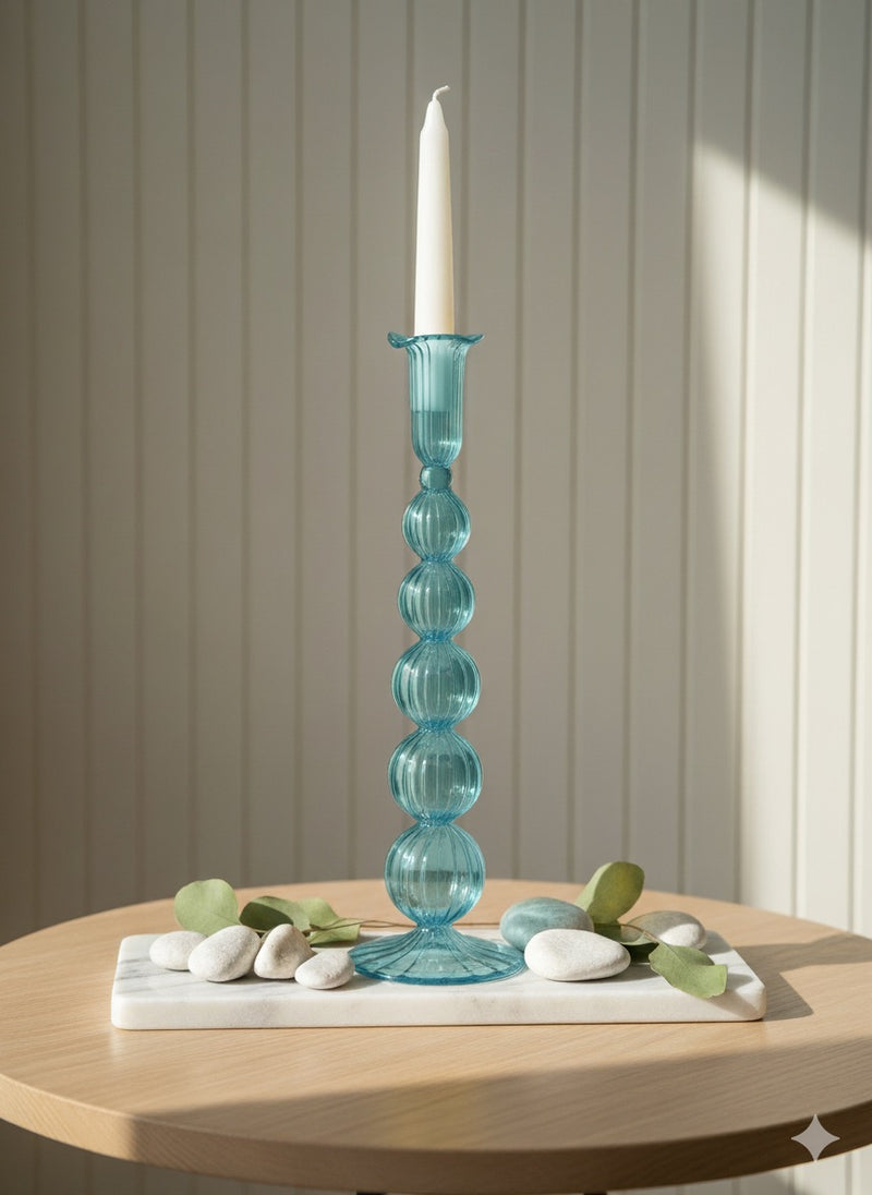 Handblown Tall Puffed Swirl Glass Candle Stick
