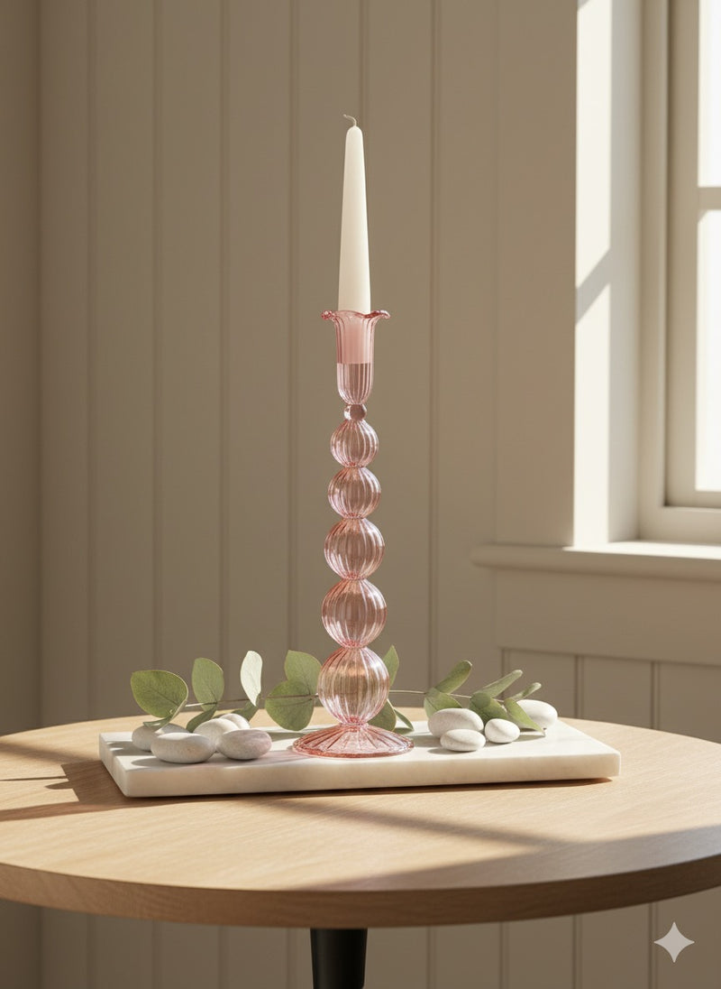 Handblown Tall Puffed Swirl Glass Candle Stick
