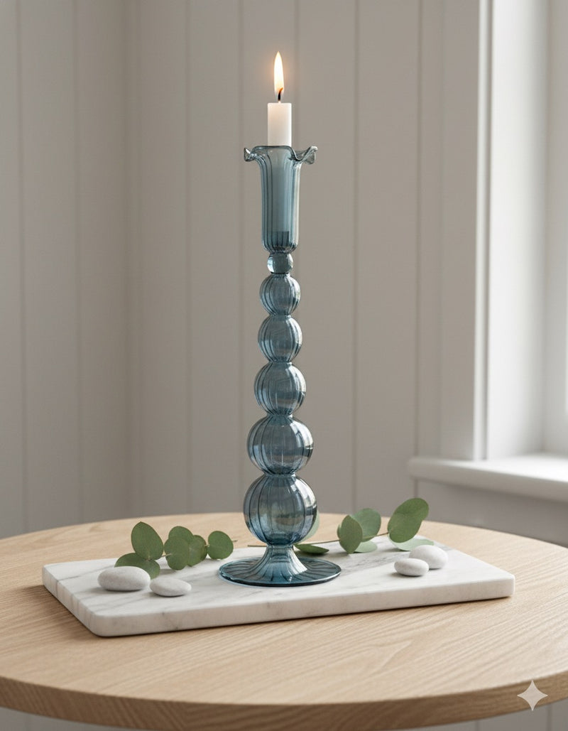 Handblown Tall Puffed Swirl Glass Candle Stick